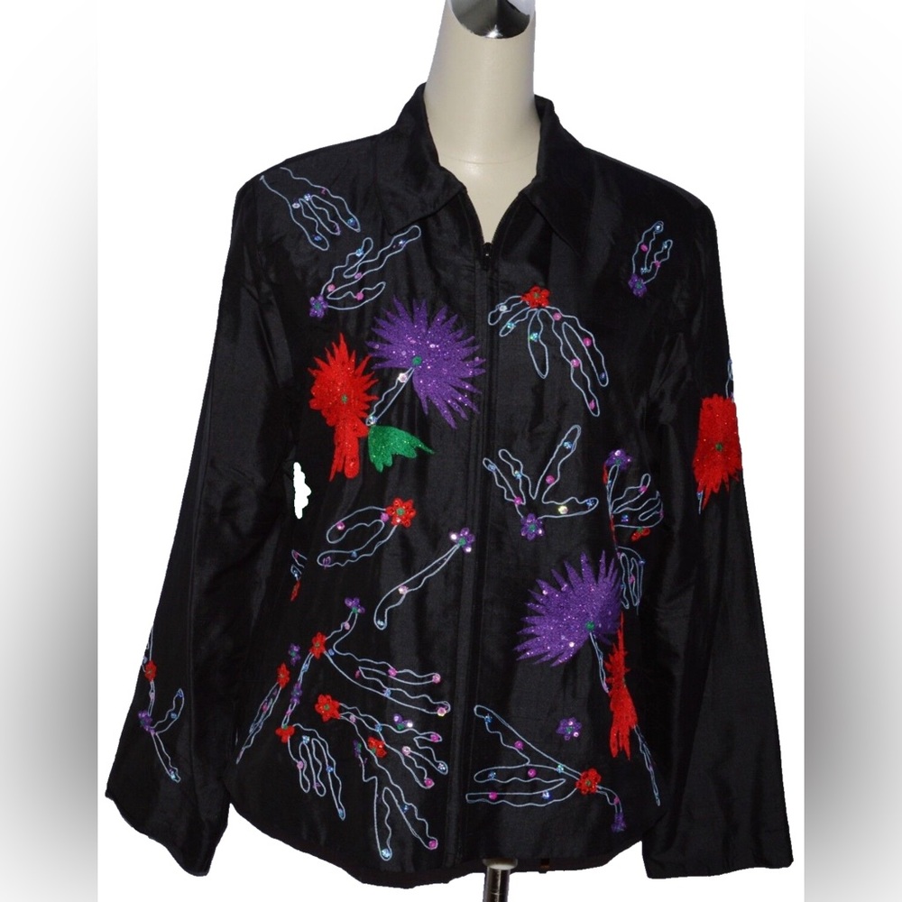 BLUTIQUE NEW SIZE L LARGE BLACK 100% SILK EMBROIDERED JACKET BLAZER TOP